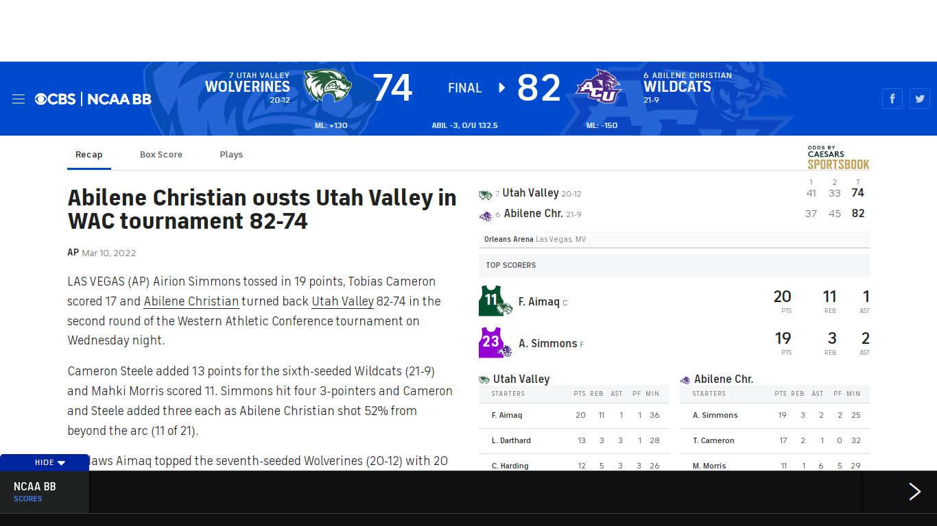 Utah Valley Wolverines vs. Abilene Christian Wildcats Live Score and ...